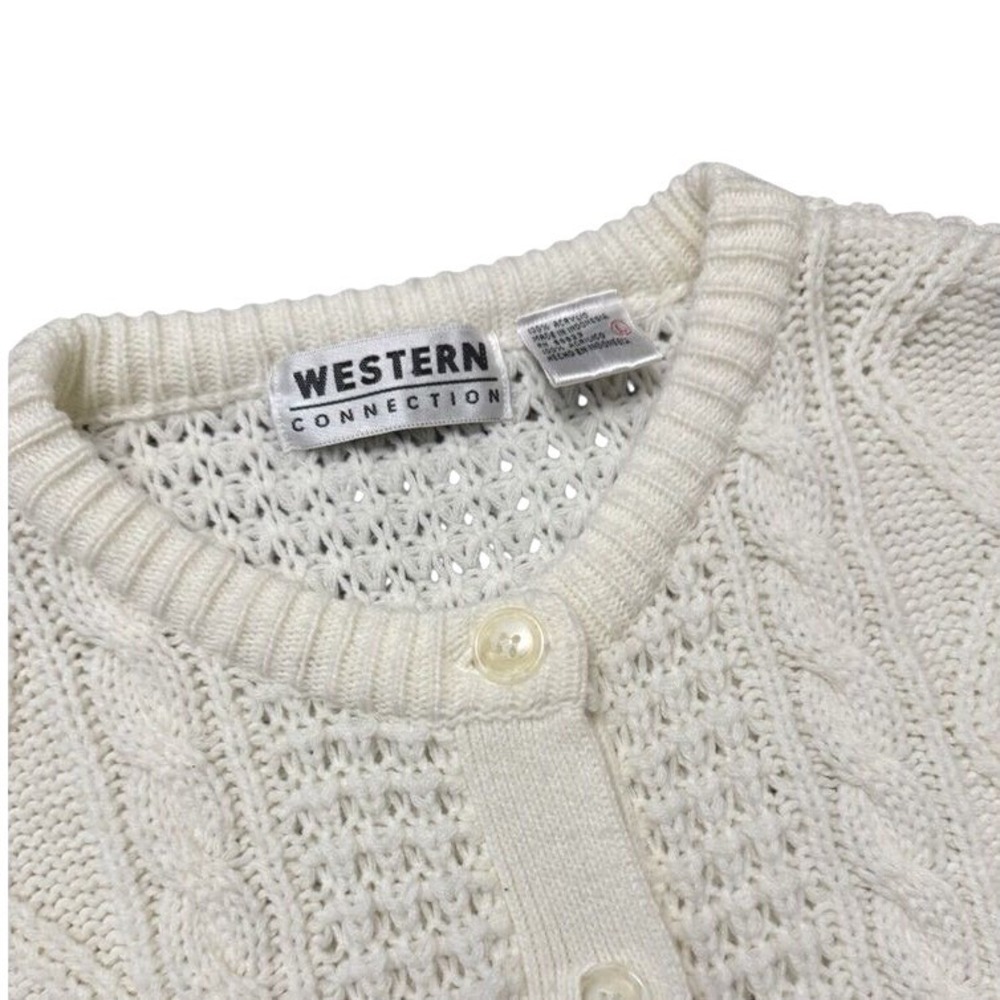 Western Connection Cardigan Sweater Women Large Cream White Cable Knit Button Up